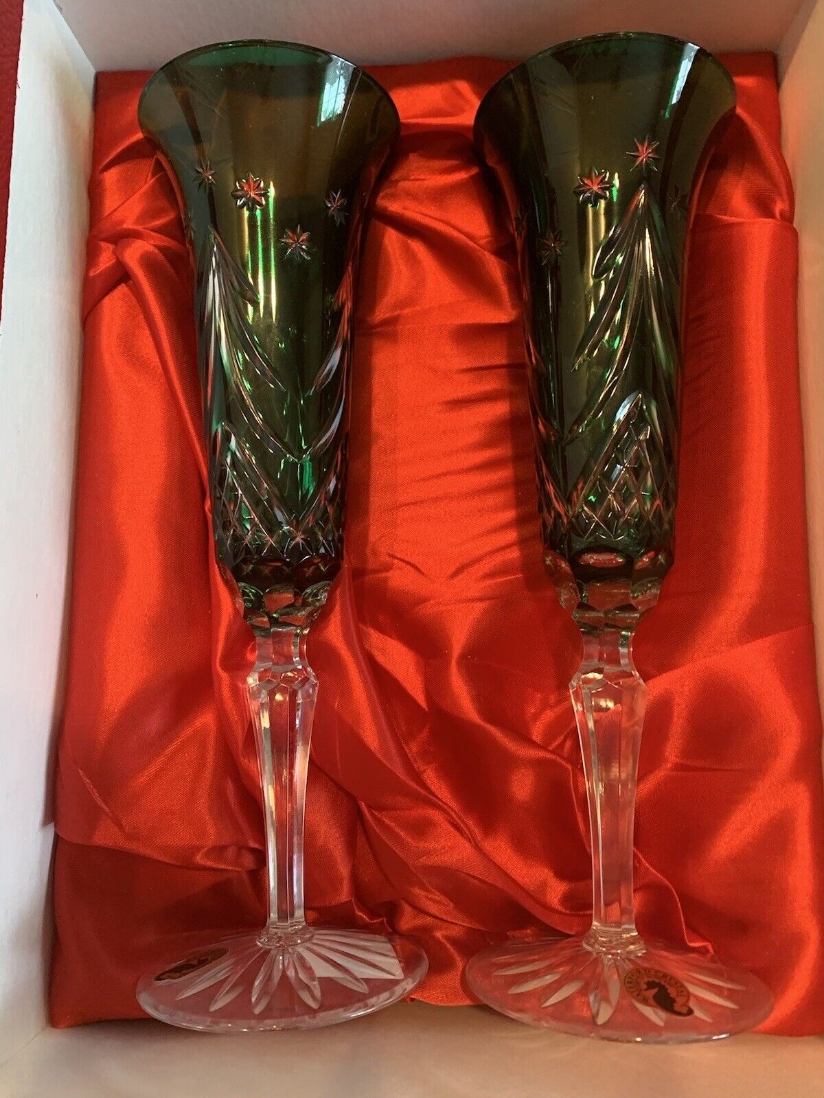WATERFORD Crystal Happy Holidays Emerald Green Pair Flutes New In Box