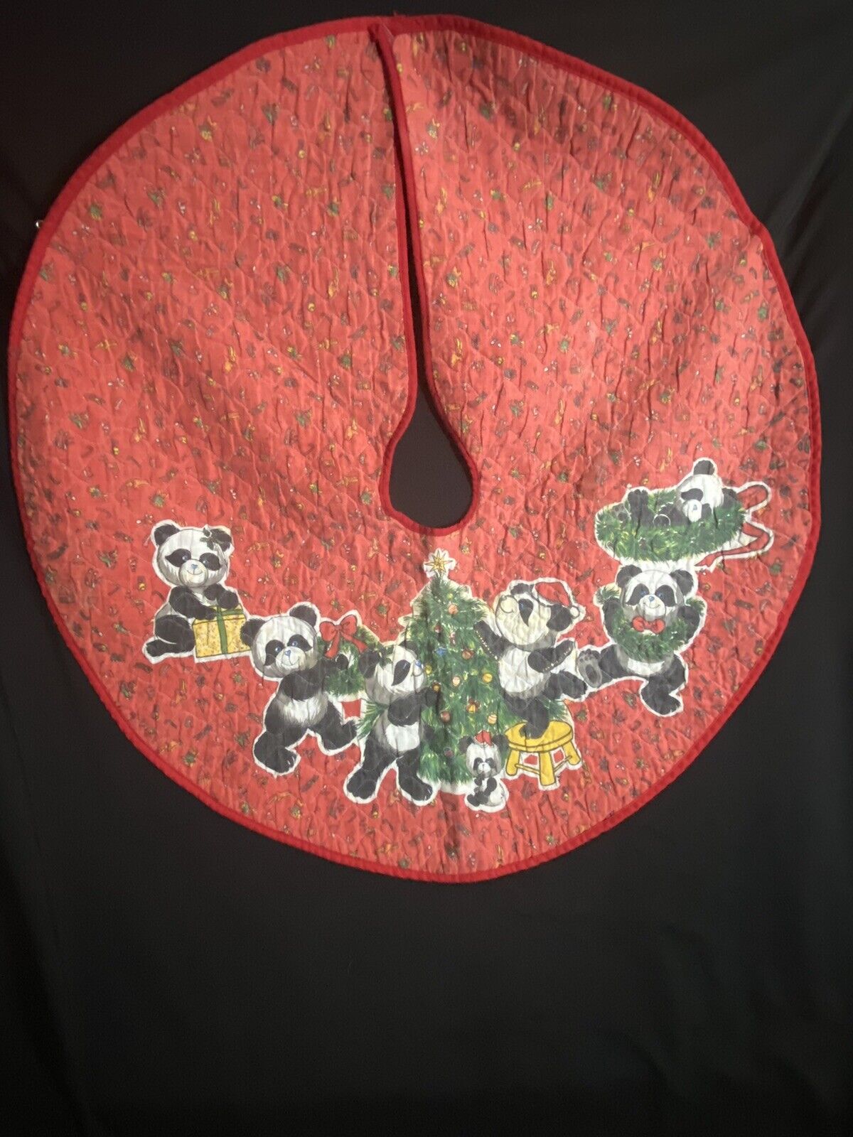 Vintage Panda Christmas Tree Skirt Red Quilted Cloth Round Indoor Mat