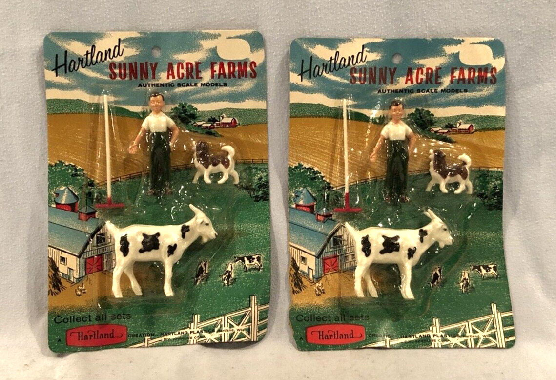 Two Hartland Plastic Vintage No. 708 Sunny Acre Farmer's Son, Dog, Goat On Card