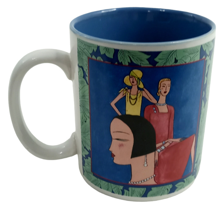 Vintage Coffee Tea Mug 1928 Jewelry Advertisement Art Deco Blue 1980s Ceramic