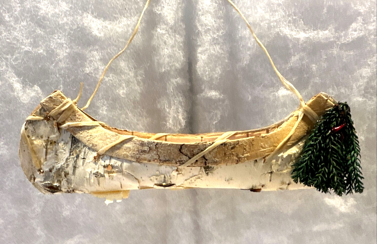 Vintage 1980s Christmas Decorated Tree Bark CANOE Handmade Hanging Ornament 5.5”