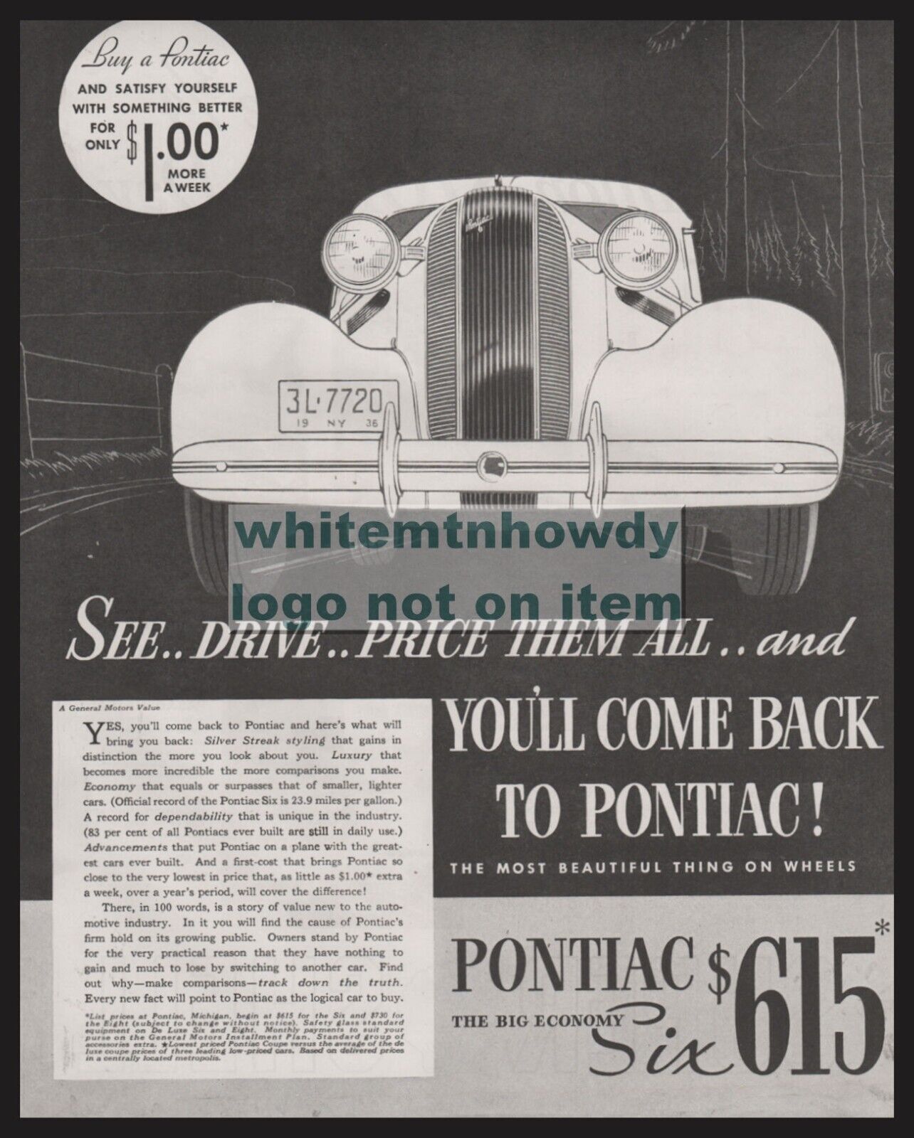 1936 PONTIAC Grill View 30s Classic Car AD w/ original price of $615