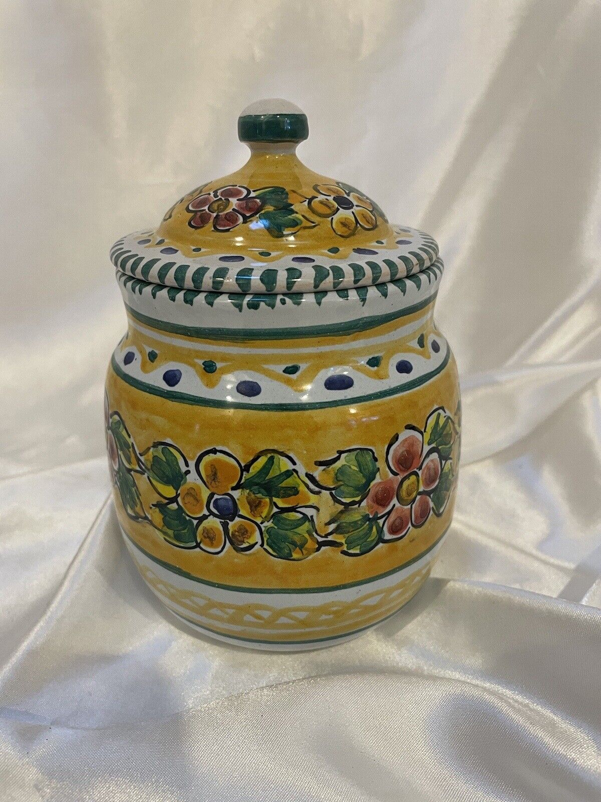 Talavera Pottery Canister Jar W/ Lid blue yellow 5.5” hand painted Mexico Signed