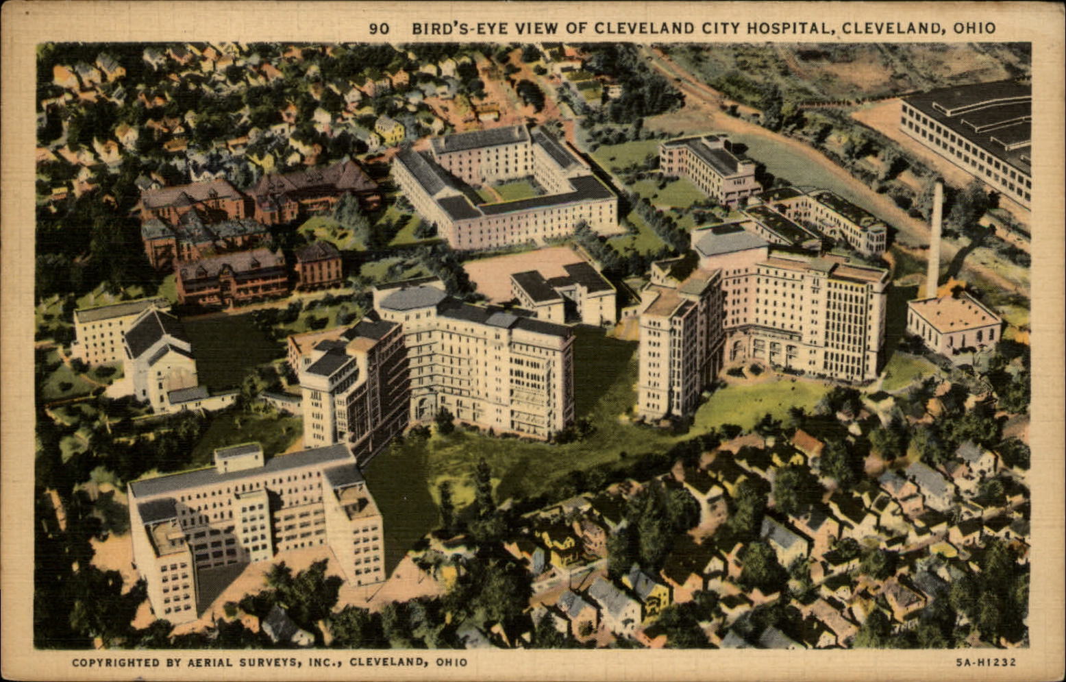 Cleveland City Hospital Ohio aerial view ~ 1941 linen postcard