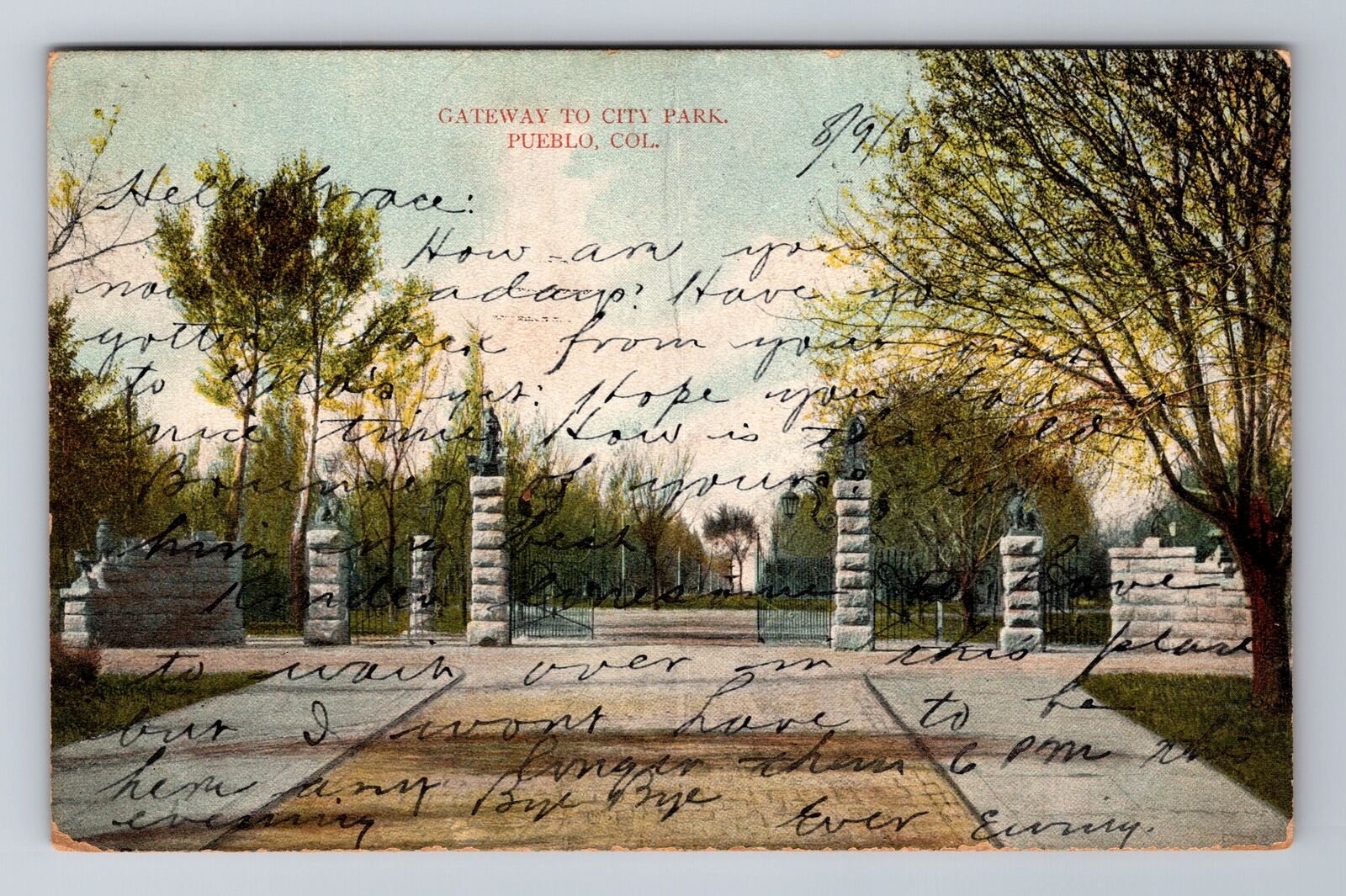 Pueblo CO-Colorado, Gateway To City Park, Antique Vintage c1907 Postcard