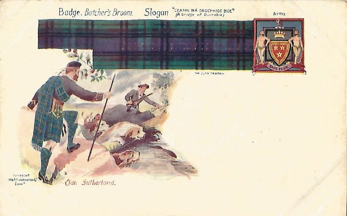 Postcard Scotland Clan Sutherland Badge Butcher\'s Broom Tartan Nr MINT 1902
