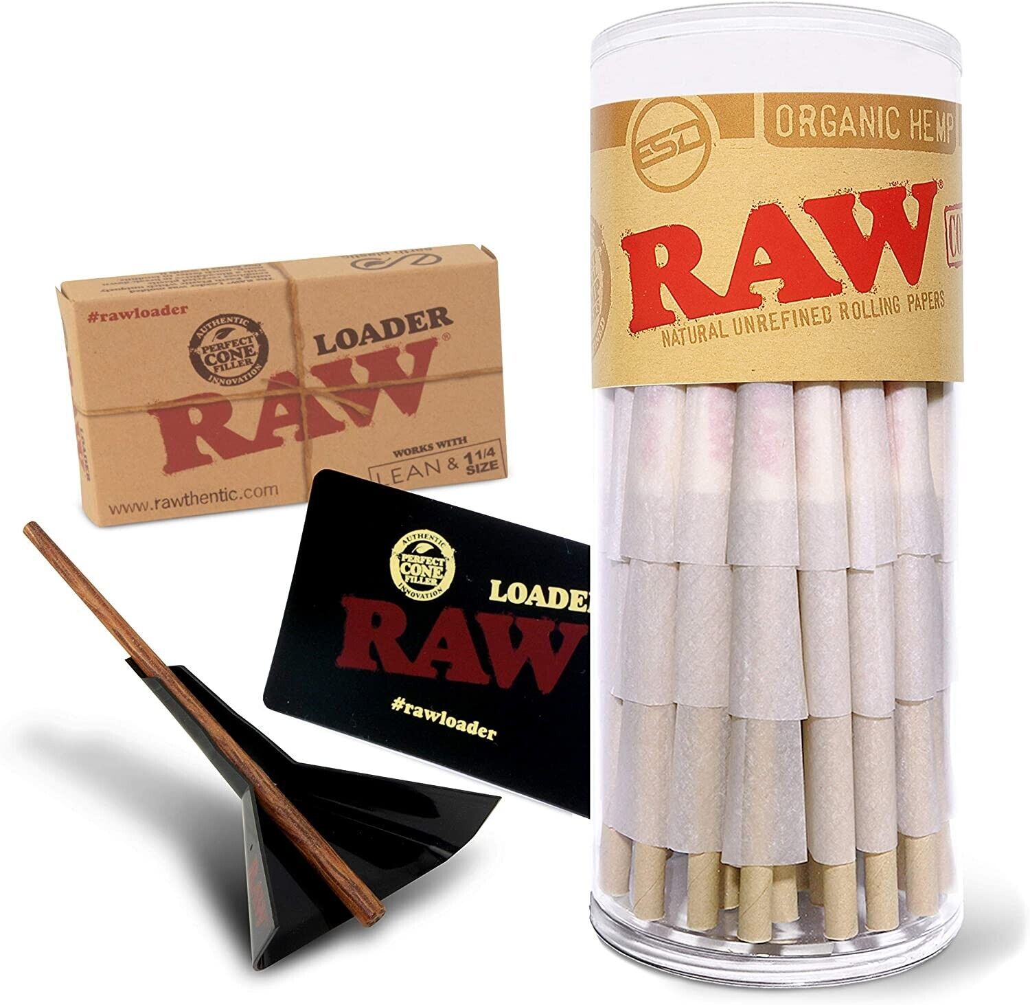 RAW 1 1/4 Cone Loader Bundle with 50 Organic 1-1/4 Size Pre Rolled Cones