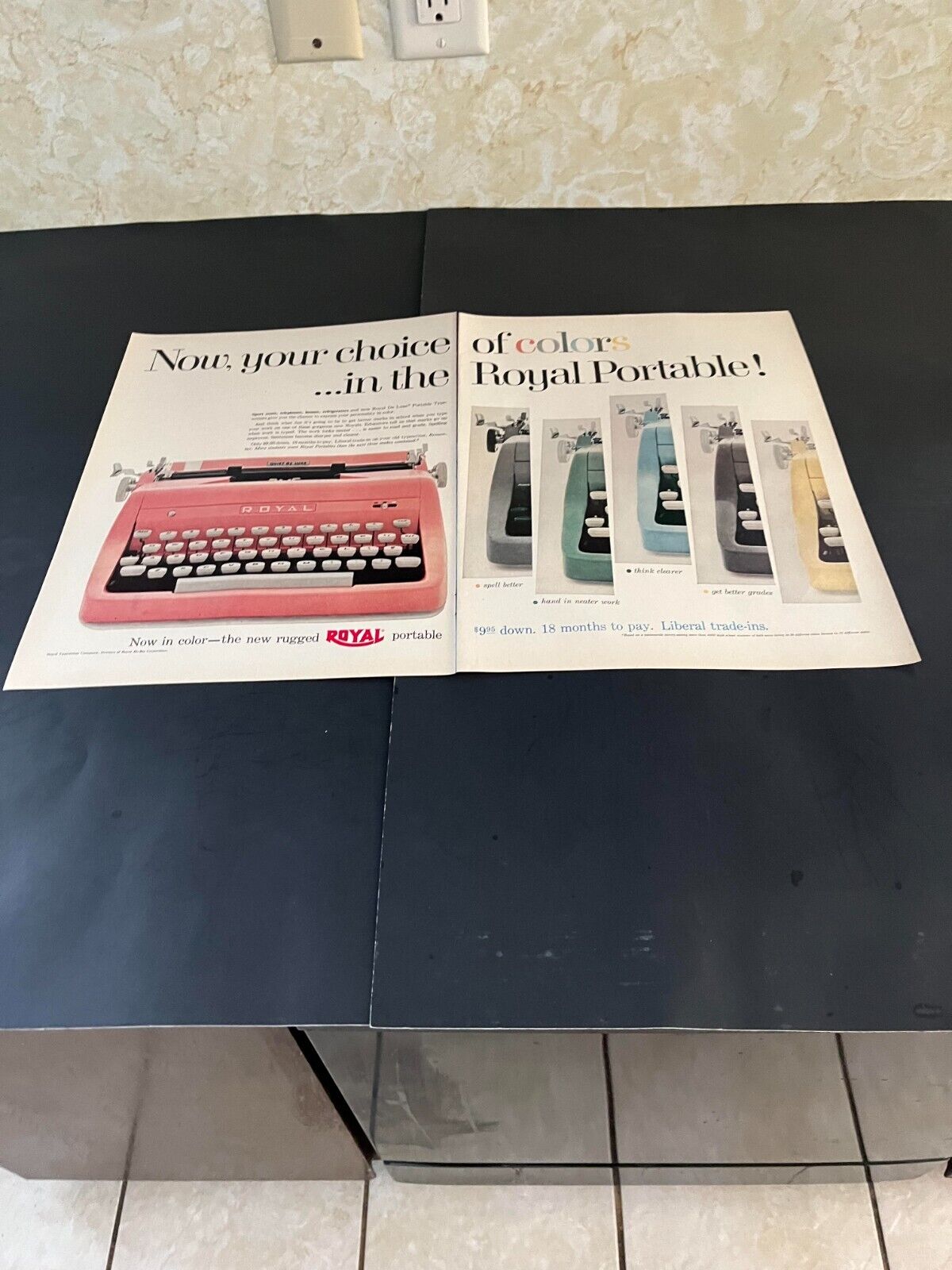 1955 ROYAL PORTABLE TYPEWRITERS 2 PAGE PRINT AD 6 DIFFERENT COLORS QUIET DELUXE