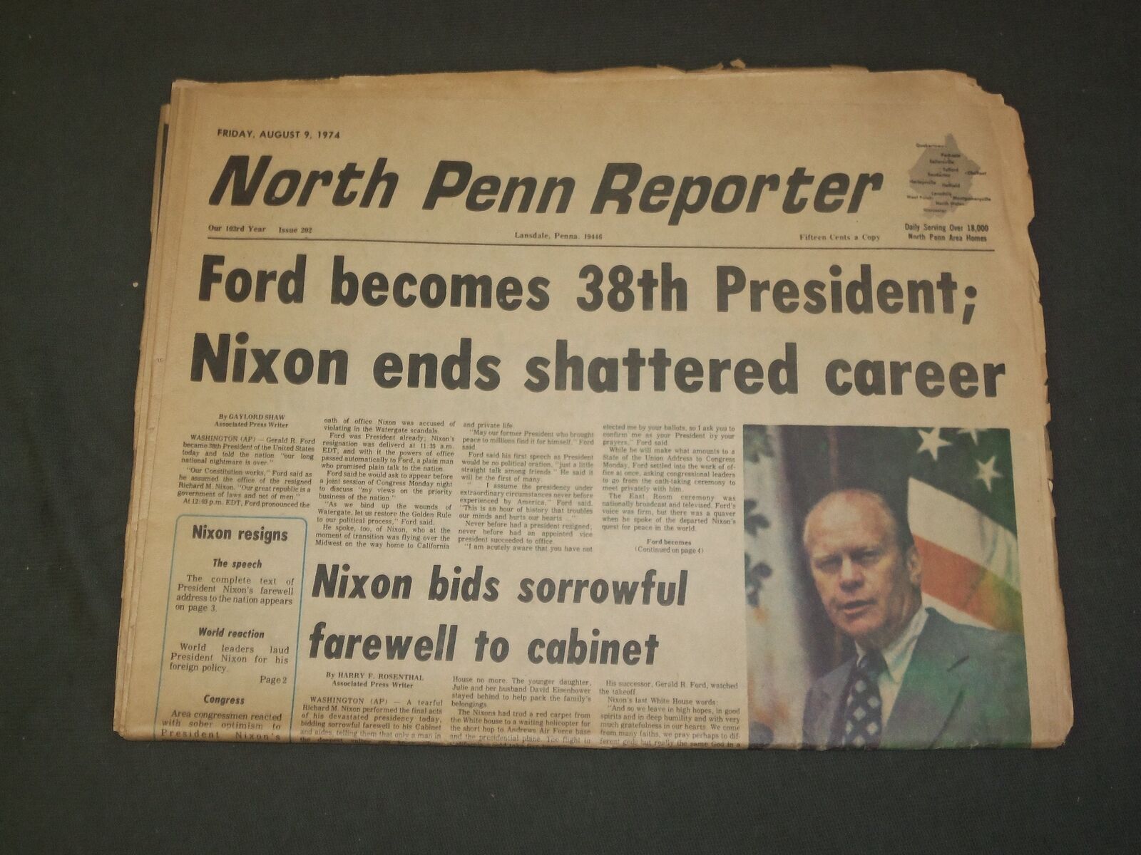 1974 AUGUST 9 NORTH PENN REPORTER NEWSPAPER - GERALD FORD INAUGURATION - NP 3255