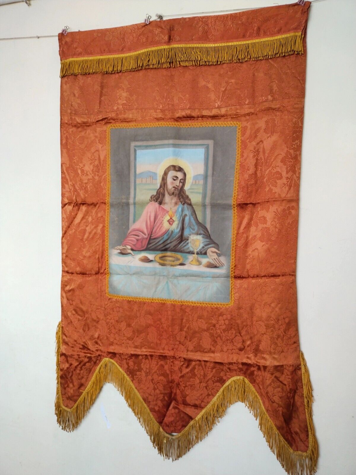 antique  church vestment chasuble hand painted banner christian duable sided 501