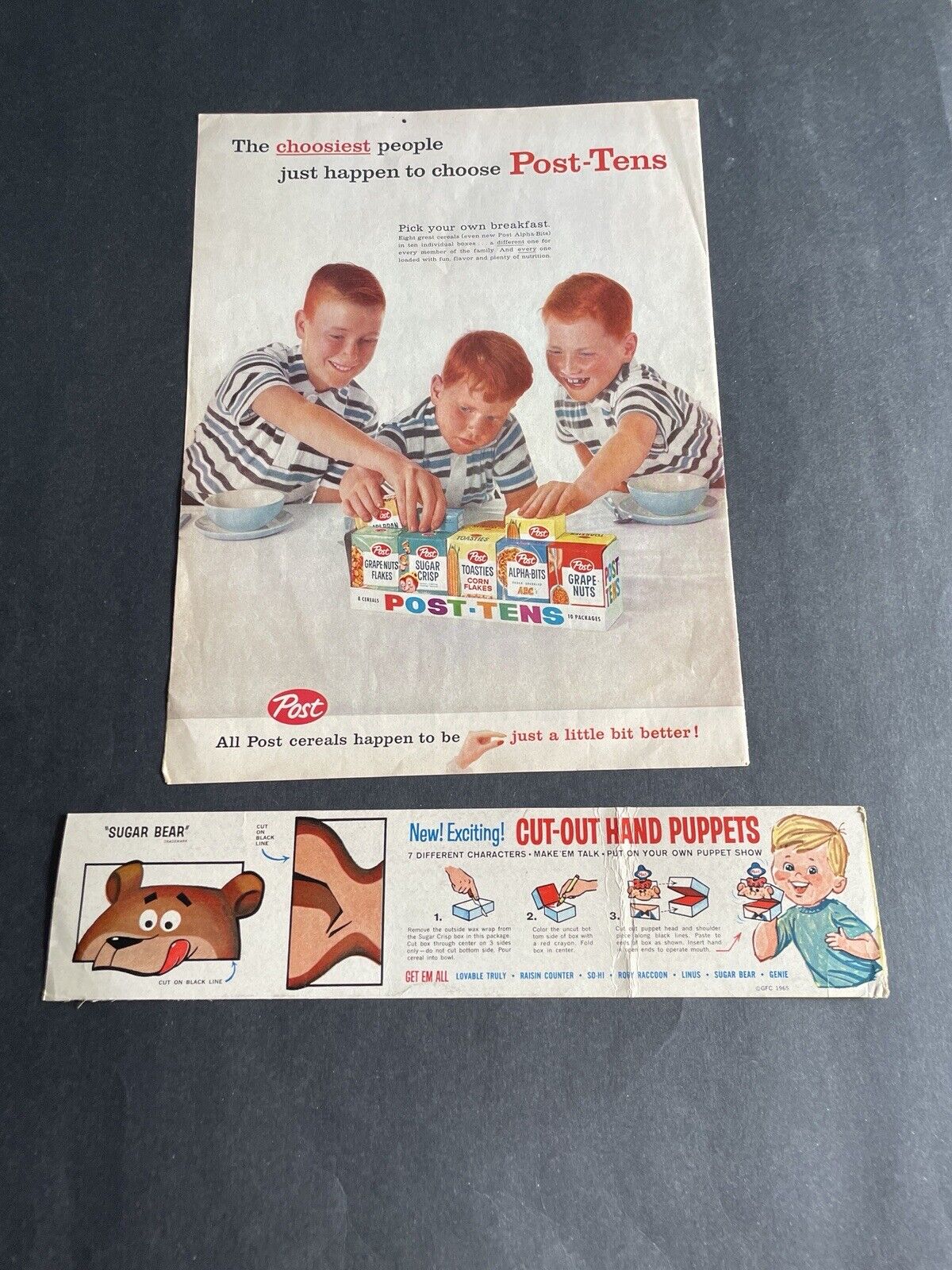 1965 Sugar Bear Post-Tens Cereal pack Prize - 1st Year Sugar Bear w/ Magazine Ad