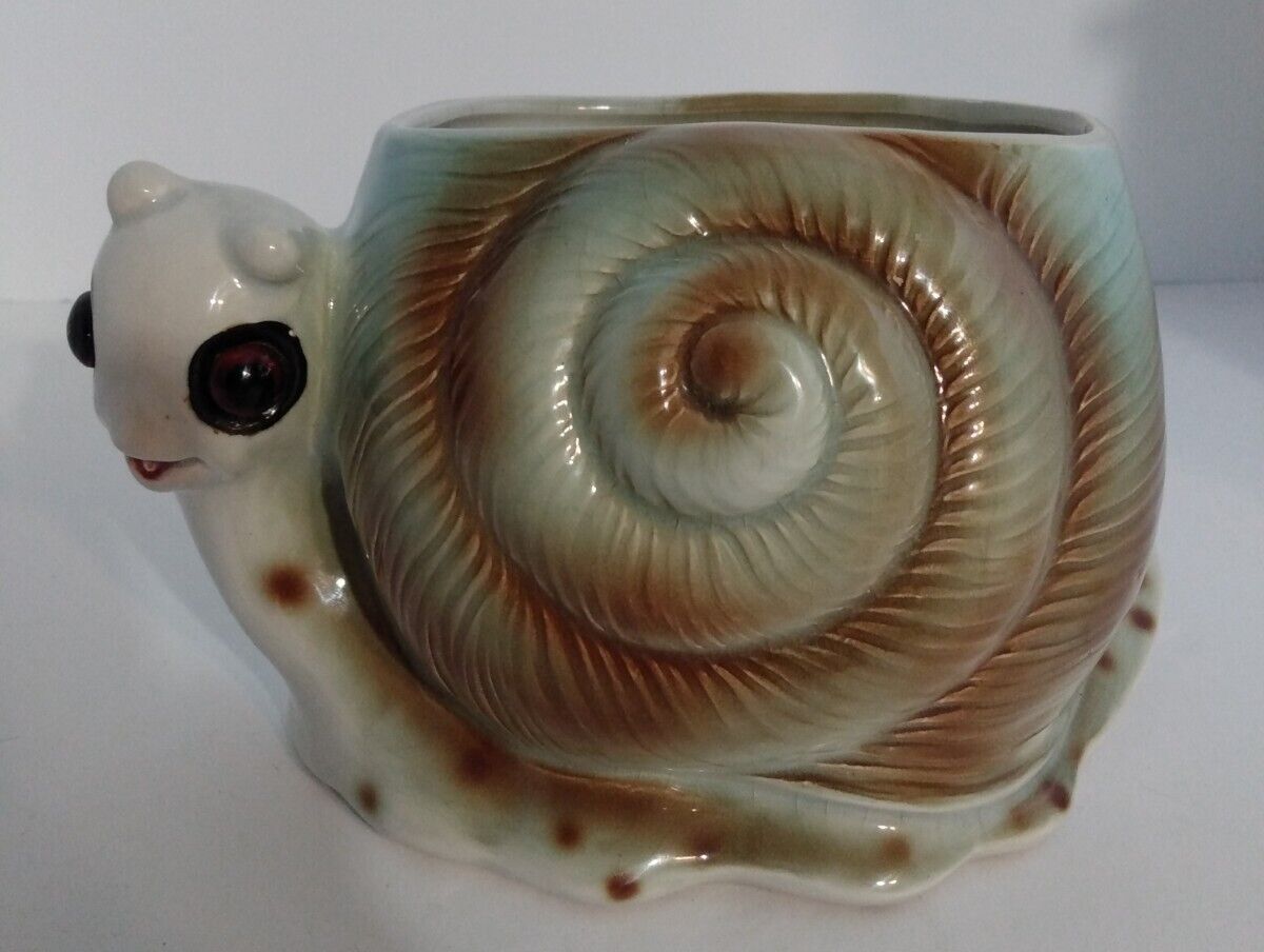 Vintage Lefton Ceramic Snail Planter Japan H5307 Plastic Eyes w Original Sticker