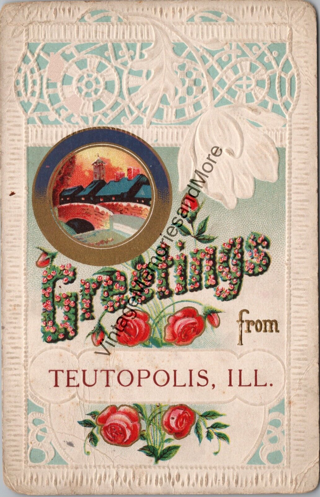 Greetings from Teutopolis Illinois Embossed Gold Detail Postcard PC290
