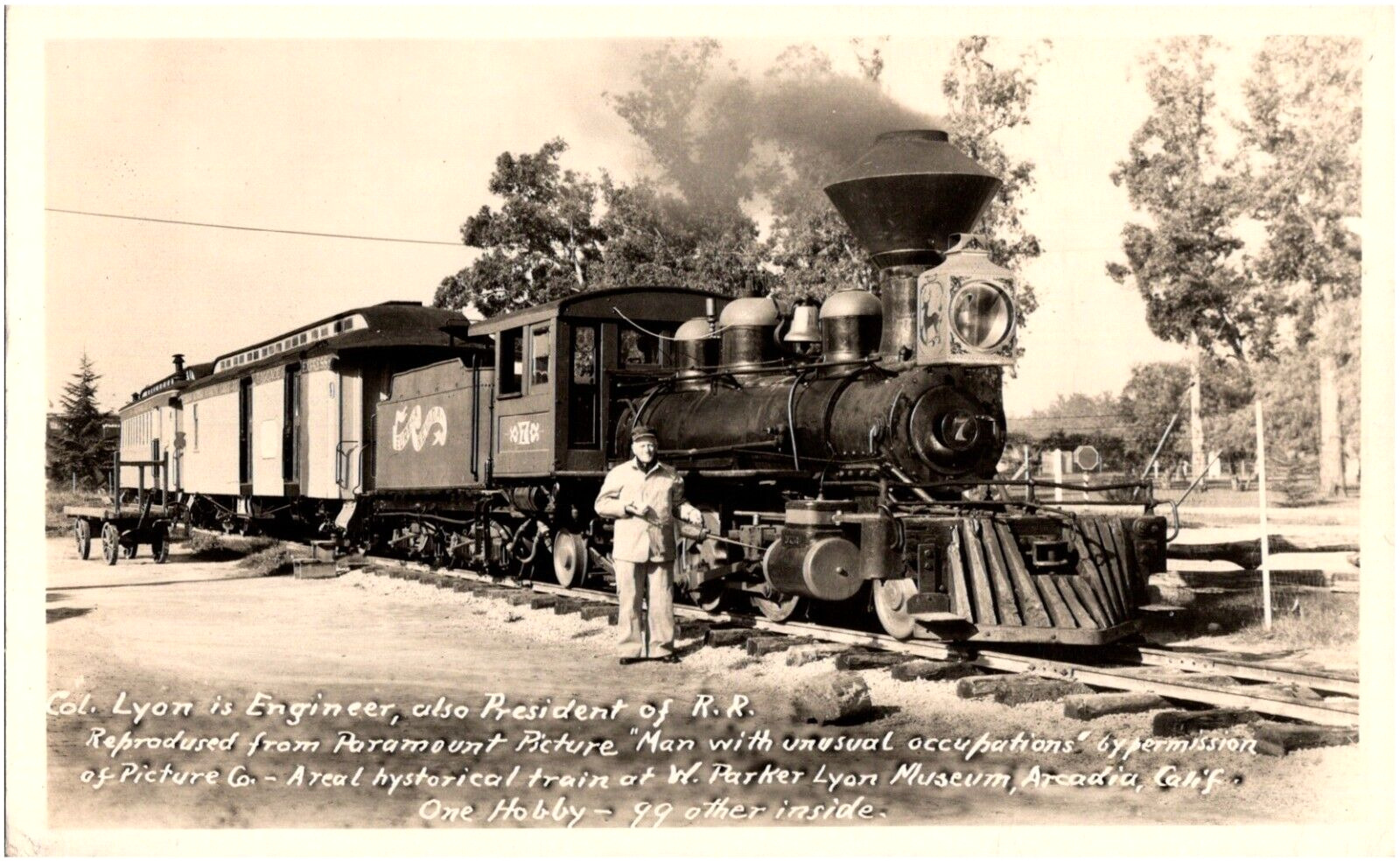 Col. Lyon Train Engineer W. Parker Lyon Museum 1950s RPPC Arcadia California