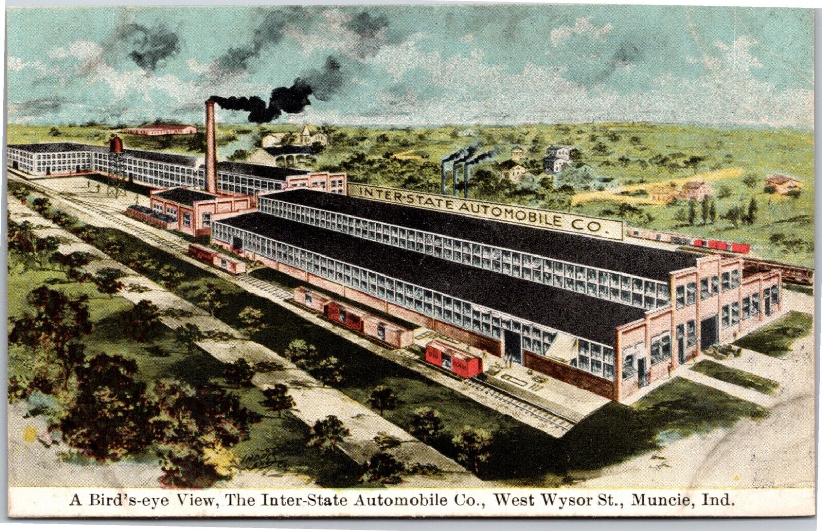 Muncie IN Indiana Inter-State Automobile Co Factory, Train RR Vintage Postcard
