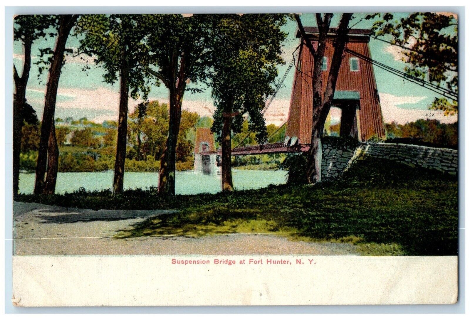 c1905 Suspension Bridge River Scene At Fort Hunter New York NY Antique Postcard