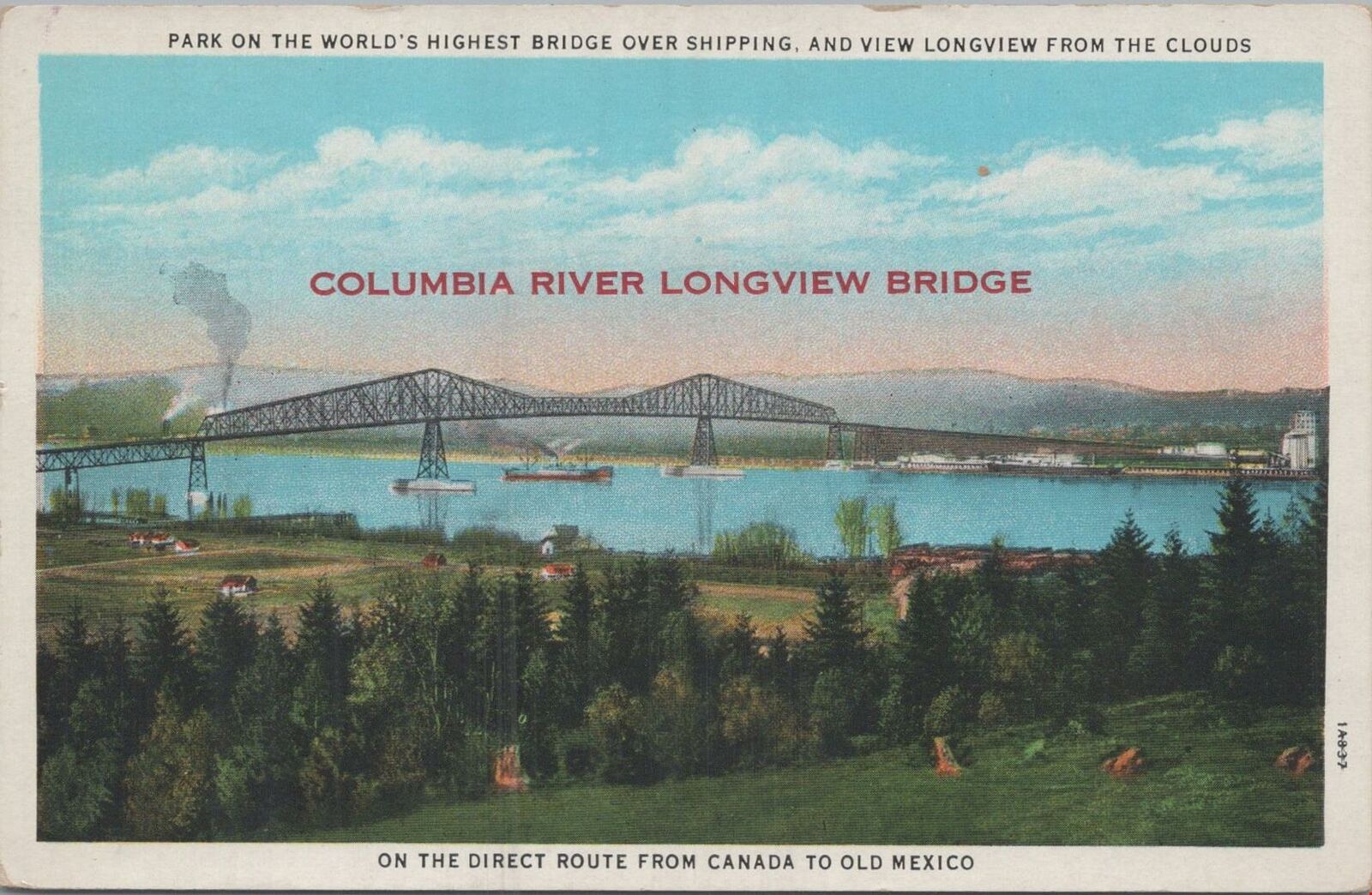 Postcard Columbia River Longview Bridge Between Longview WA and Rainier OR 
