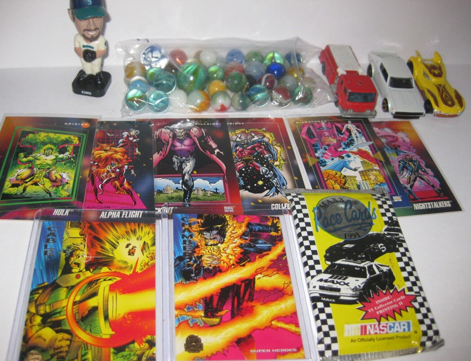 Vintage Junk Drawer Lot Toys Bobble Head Marbles Cars Racing Cards