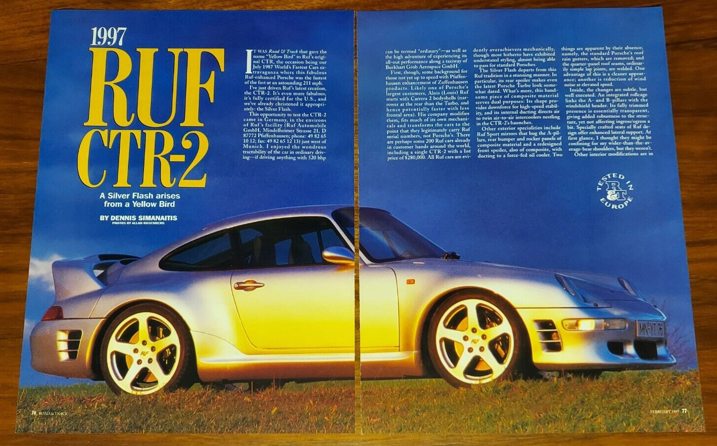 RUF CTR-2 1997 MAGAZINE PRINT ARTICLE PORSCHE 911 ROAD & TRACK TESTED IN EUROPE