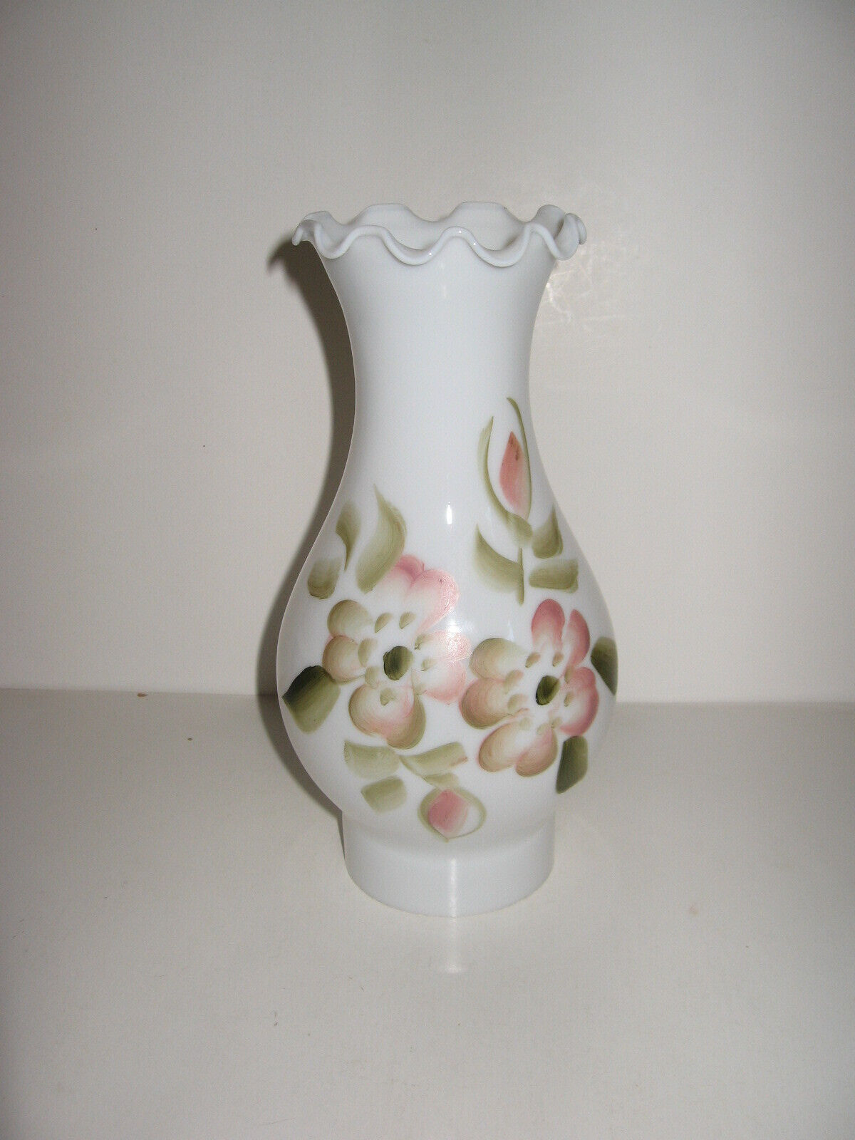 Vintage Opaque Milk Glass Lamp Chimney Hand Painted Floral Olive/Pink 8.5\