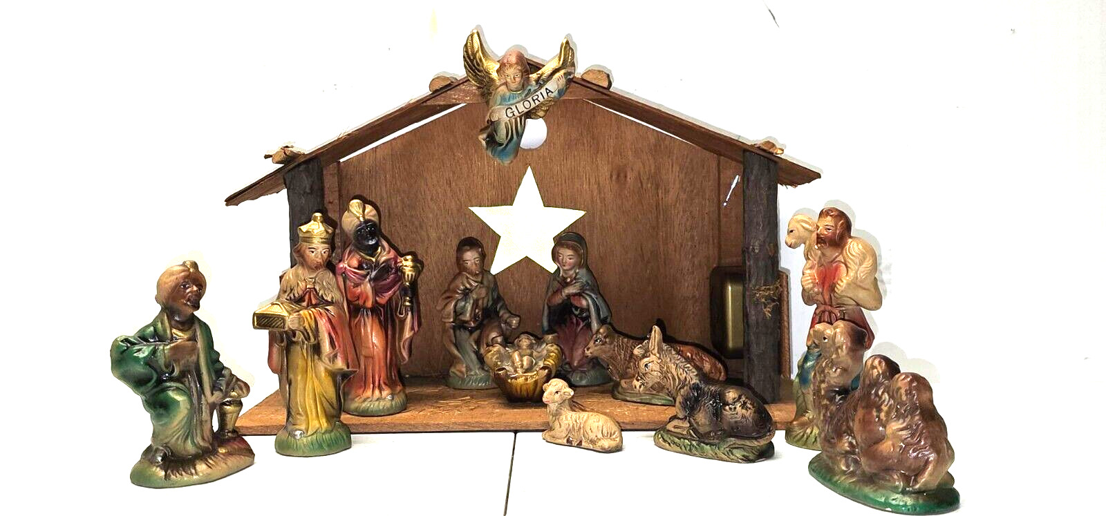 Vintage Nativity Scene Hand Painted Made in Japan 13 Piece Set Manger Music Box