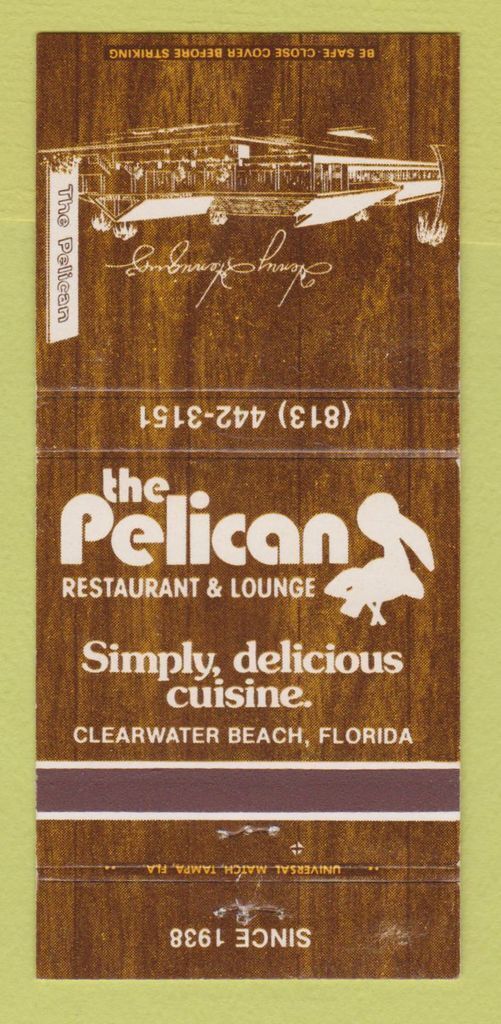 Matchbook Cover - The Pelican Restaurant Clearwater Beach FL 30 Strike