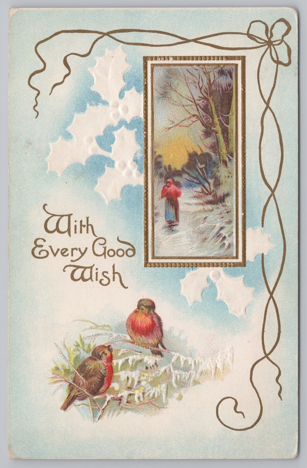 Greetings~Every Good Wish~Lady in Snow on Road~Birds~Vintage Postcard