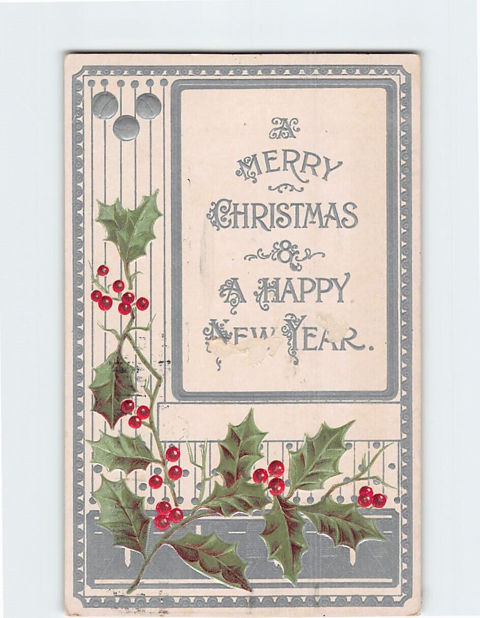Postcard Holiday Art Print A Merry Christmas and A Happy New Year Greeting Card