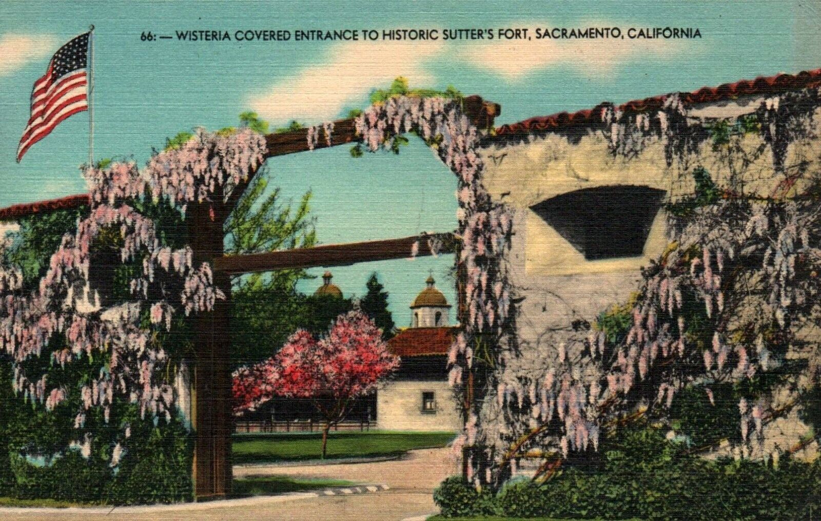 Sacramento California CA Sutters Fort Wisteria Covered Entrance Linen Postcard