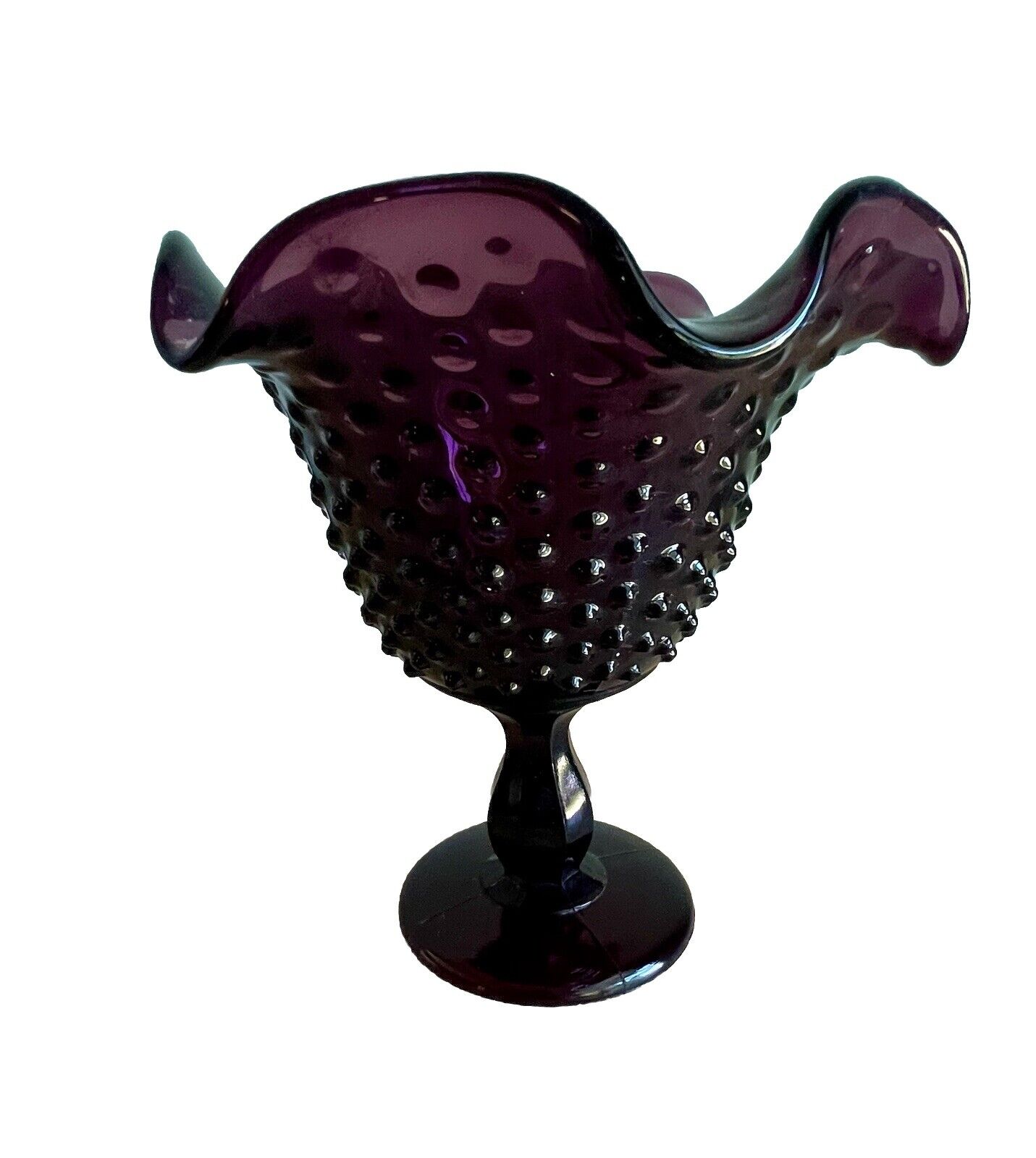 Vintage Fenton Purple Amethyst Hobnail Ruffled Pedestal Compote Bowl EUC