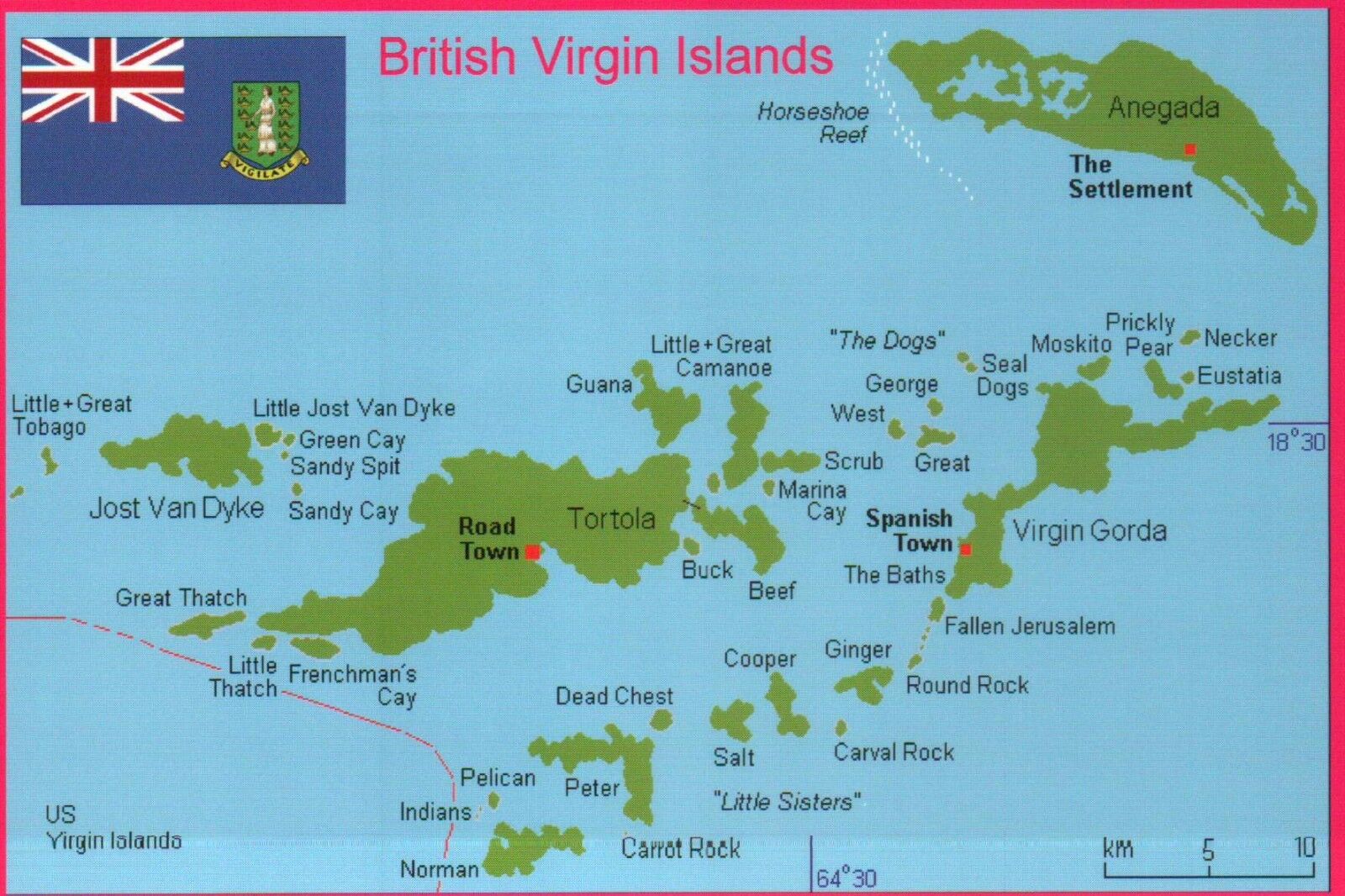 The British Virgin Islands , Tortola, Virgin Gorda, Caribbean, UK - Map Postcard