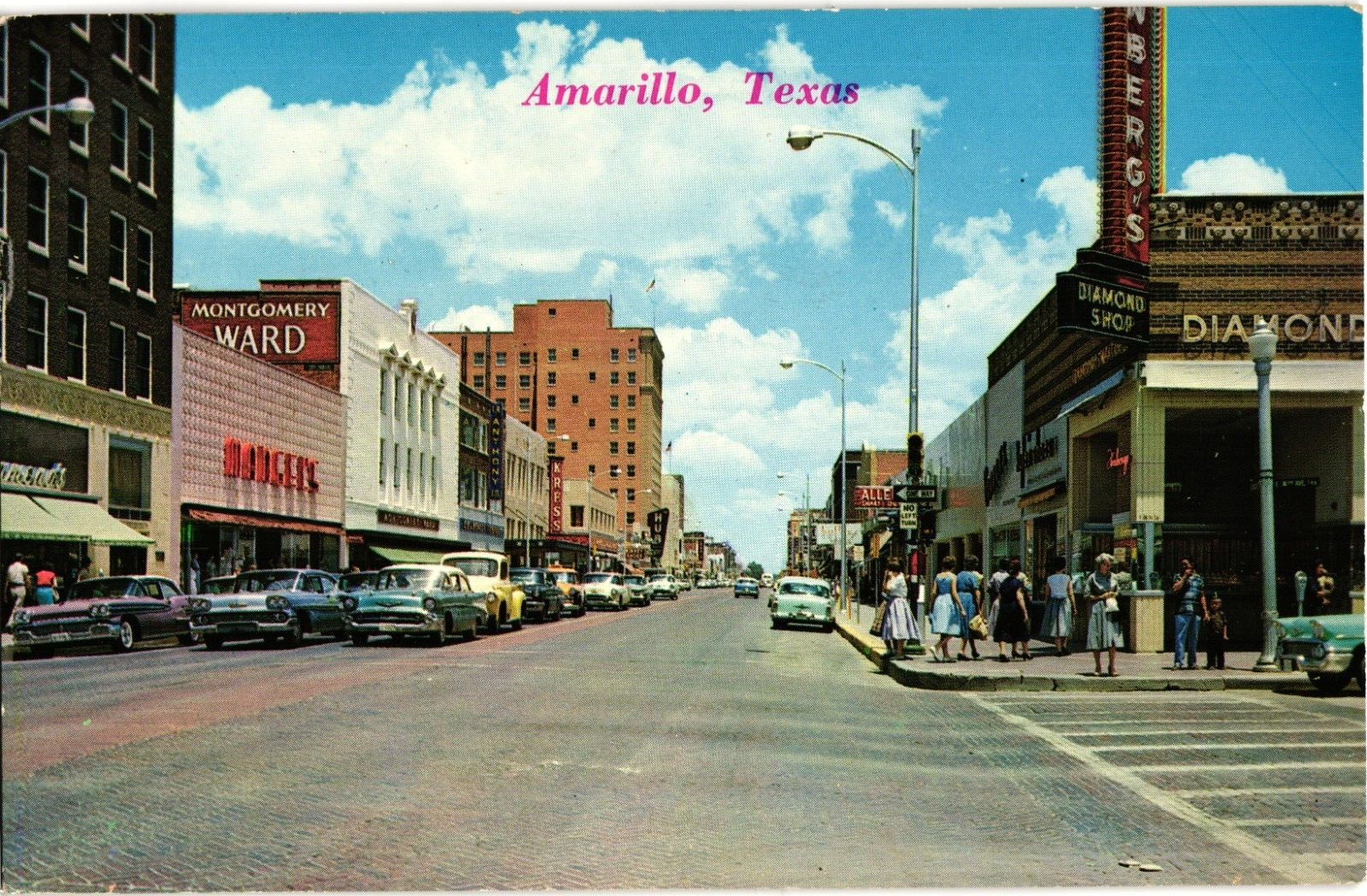 Amarillo Texas Busy Street People Cars Shops Chrome Postcard 1950s
