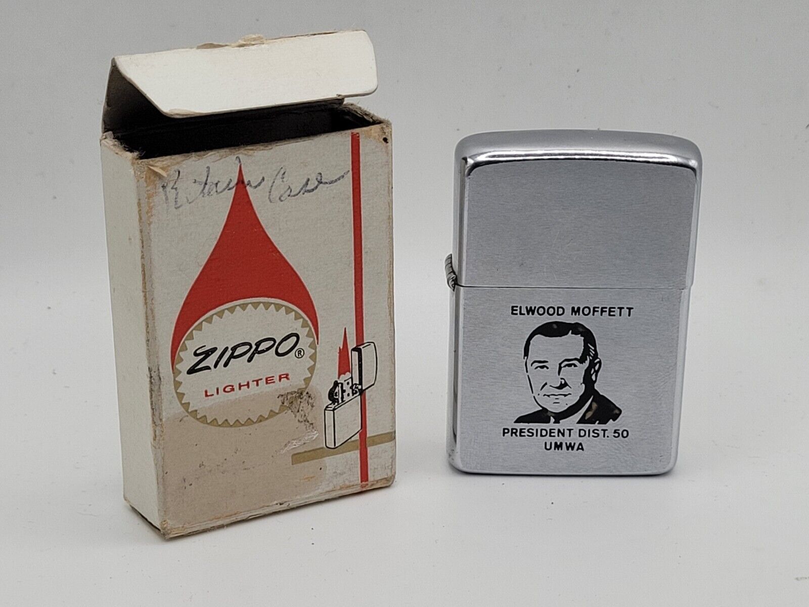 1969 Zippo Lighter,  Elwood Moffett Portrait, UMWA Union President, Repair Box