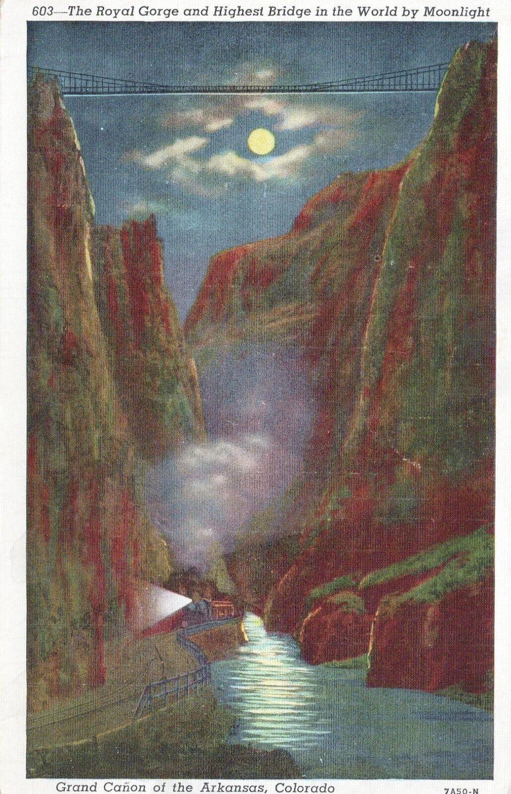 Royal Gorge & Bridge by Moonlight, Grand Canyon of Arkansas, Colorado Postcard