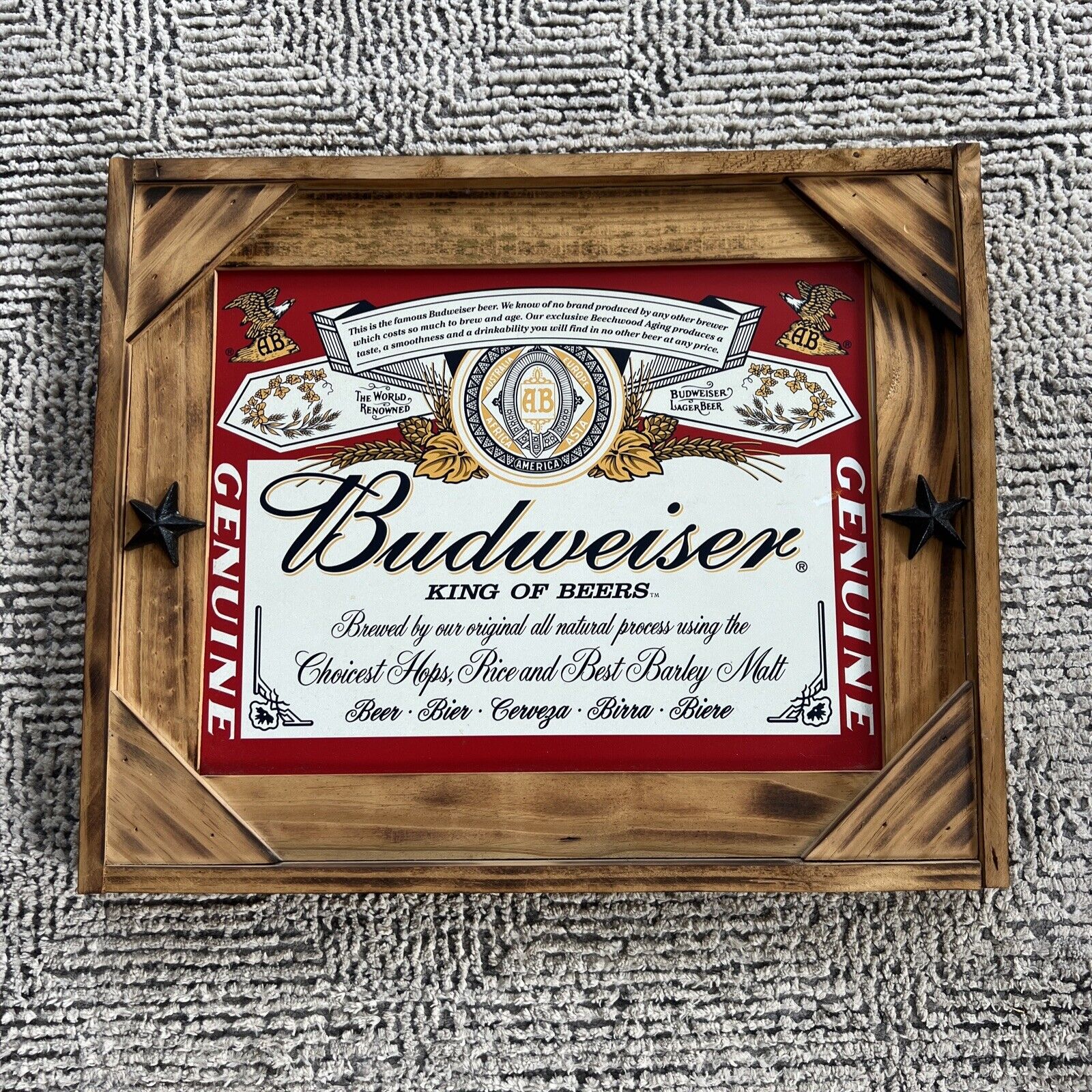 Wood Framed Budweiser Lager Beer Metal Sign Anheuser Busch Label