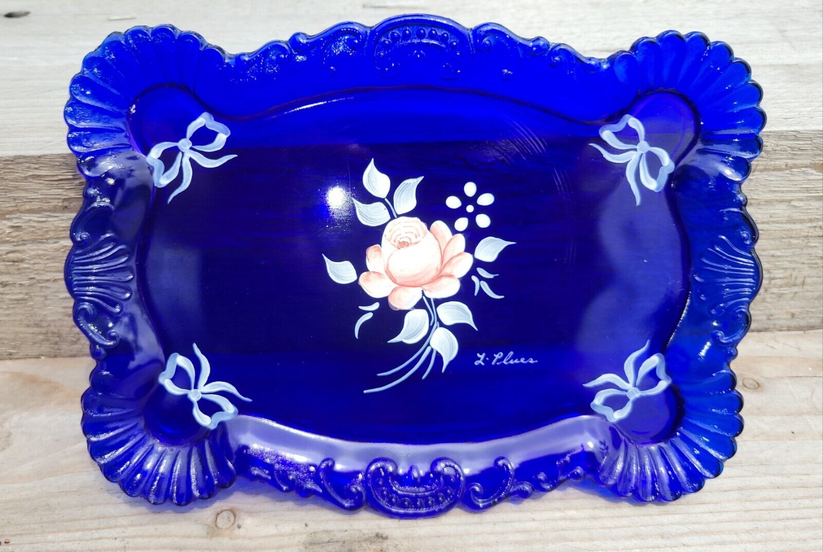 Hand Painted Cobalt Blue Signed Glass Dish