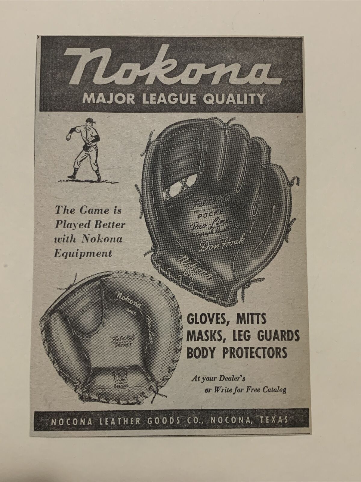 Nokona Gloves Don Hoak 1959 Sporting News Baseball 4X6 Ad