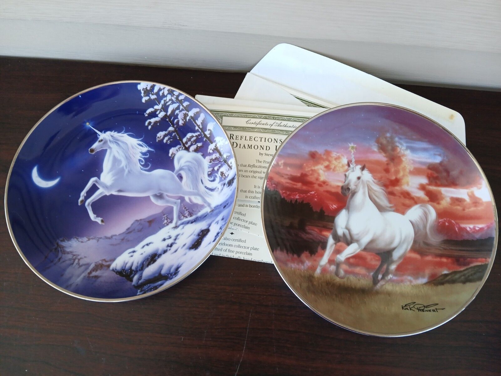 2- Franklin Mint The Starlight Diamond Unicorn Plates 