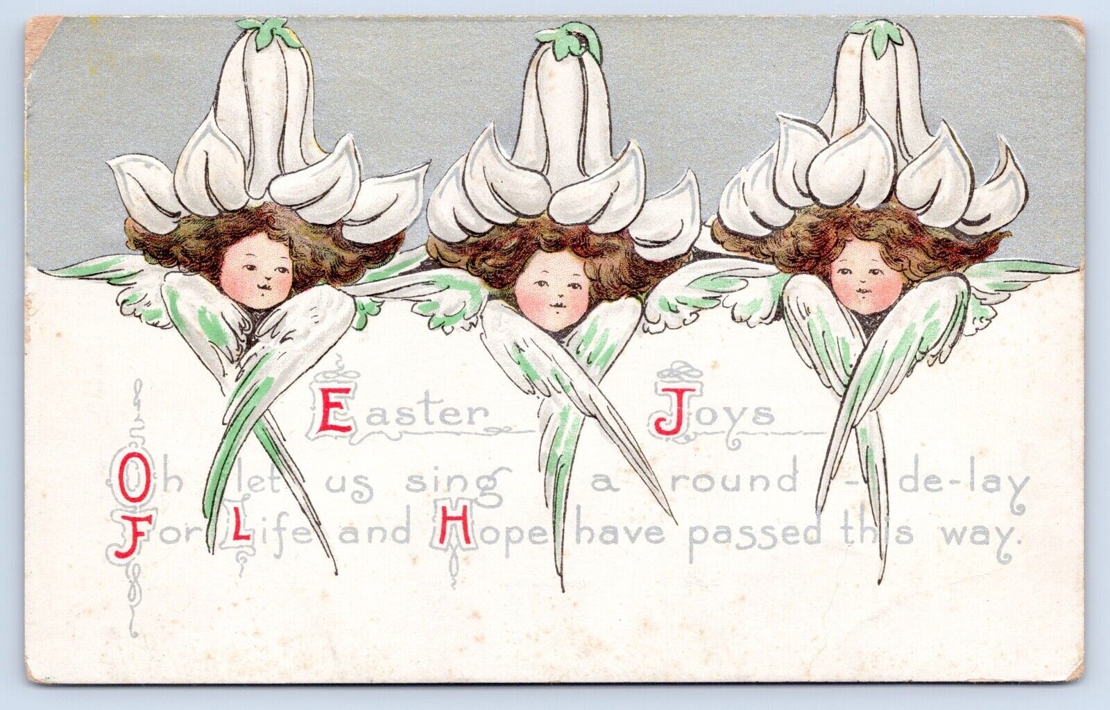 VTG Easter Postcard 3 Girls w/ Angel Wings And Flower Hats Easter Joys c.1914