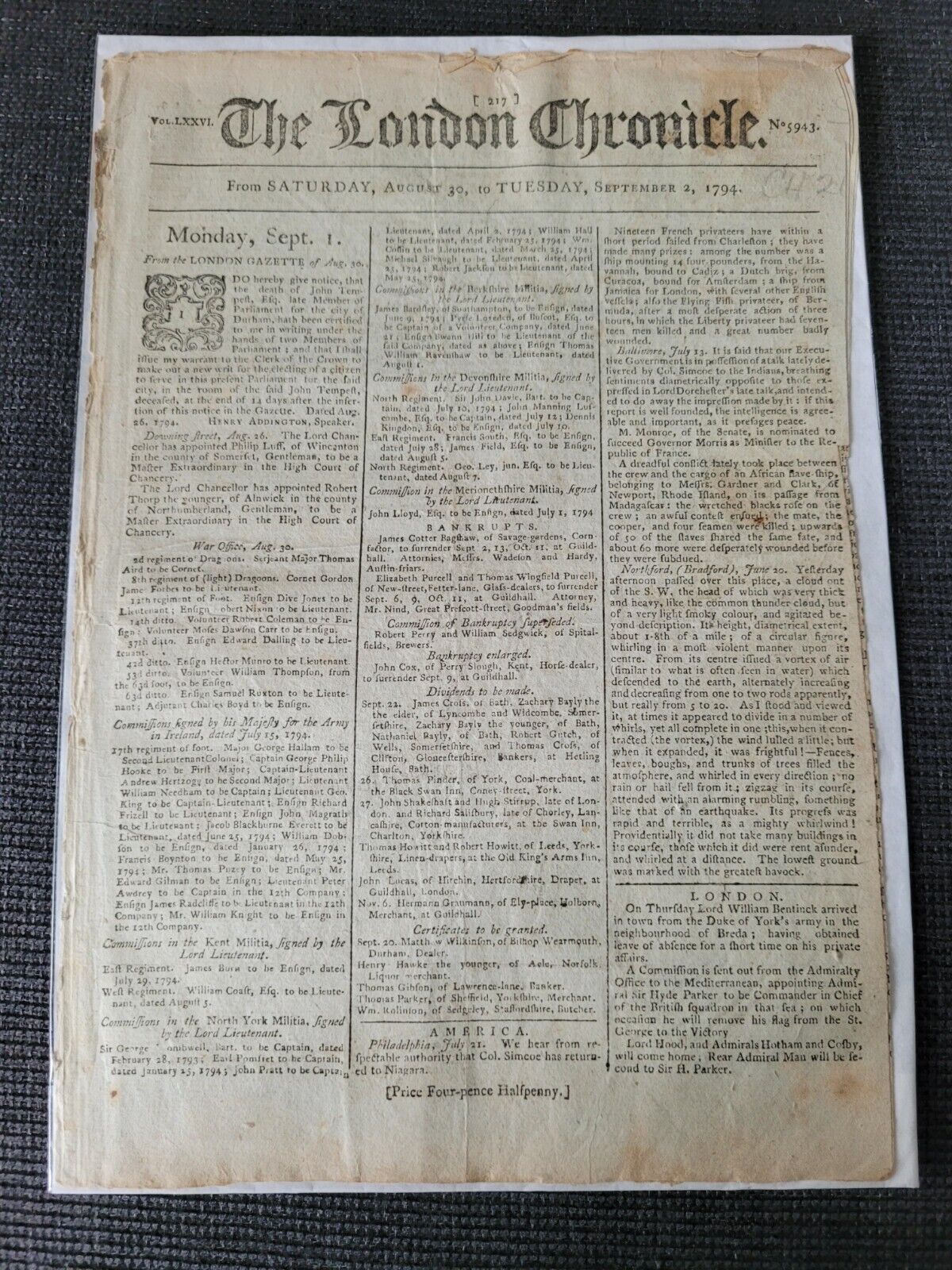 THE LONDON CHRONICLE FRANCE WAR 2ND SEPT 1794 ORIGINAL A4 NEWSPAPER