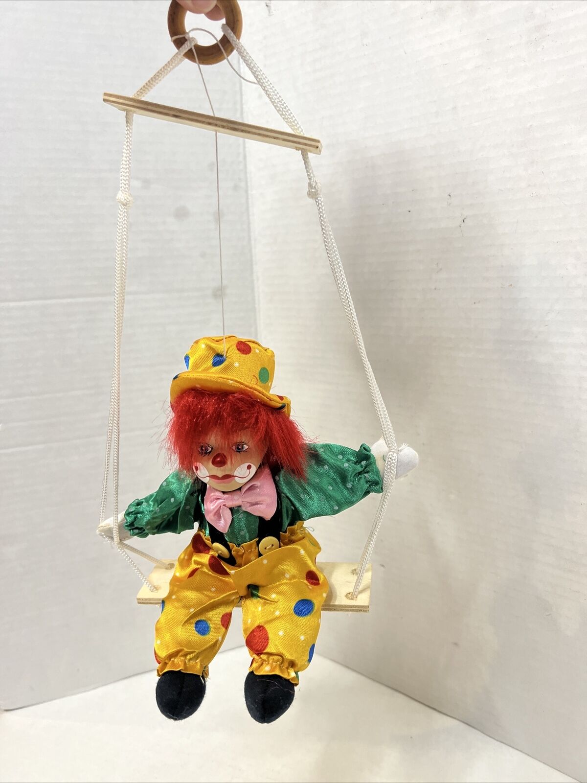 Clown Doll On A Swing Porcelain Face, Red Hair , Bright, Happy, Rare
