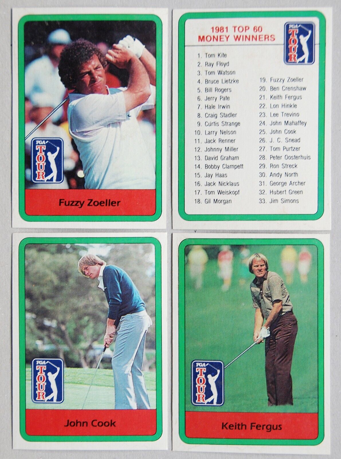 Cartes PGA Tour Golf (TOPPS ?), Fuzzy Zoeller J.Cook Keith Fergus Winners, 1982