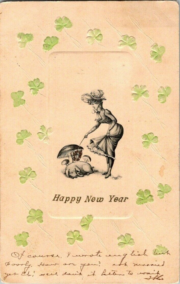 1906. HAPPY NEW YEAR 4 LEAF CLOVERS. PIG & MUSHROOM. POSTCARD RR11