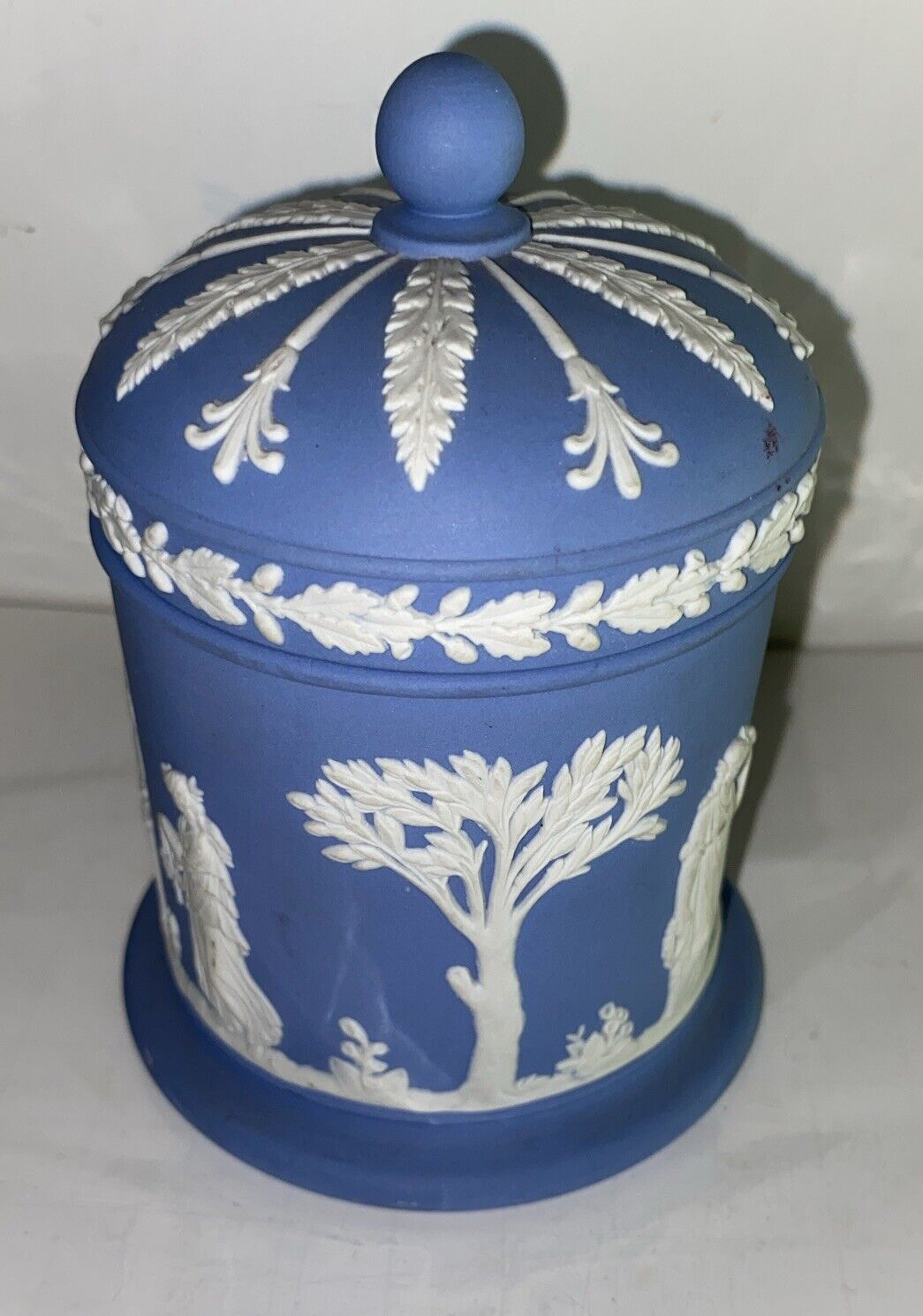VTG Wedgwood Blue Jasperware With Lid Covered Tobacco Jar Fine Bone China 4.5”
