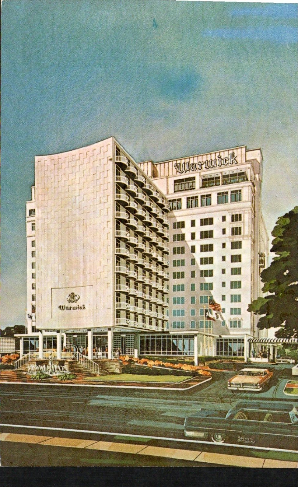 Old Postcard The Warwick Hotel Legacy born of Tradition Houston old Cars 1960\'s