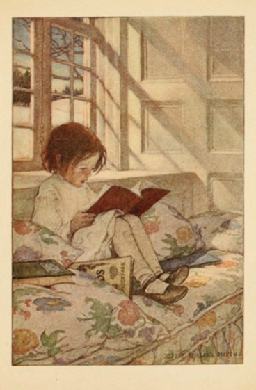 Repro Postcard: Little Girl Reads Book in Window Seat - Snow / Winter