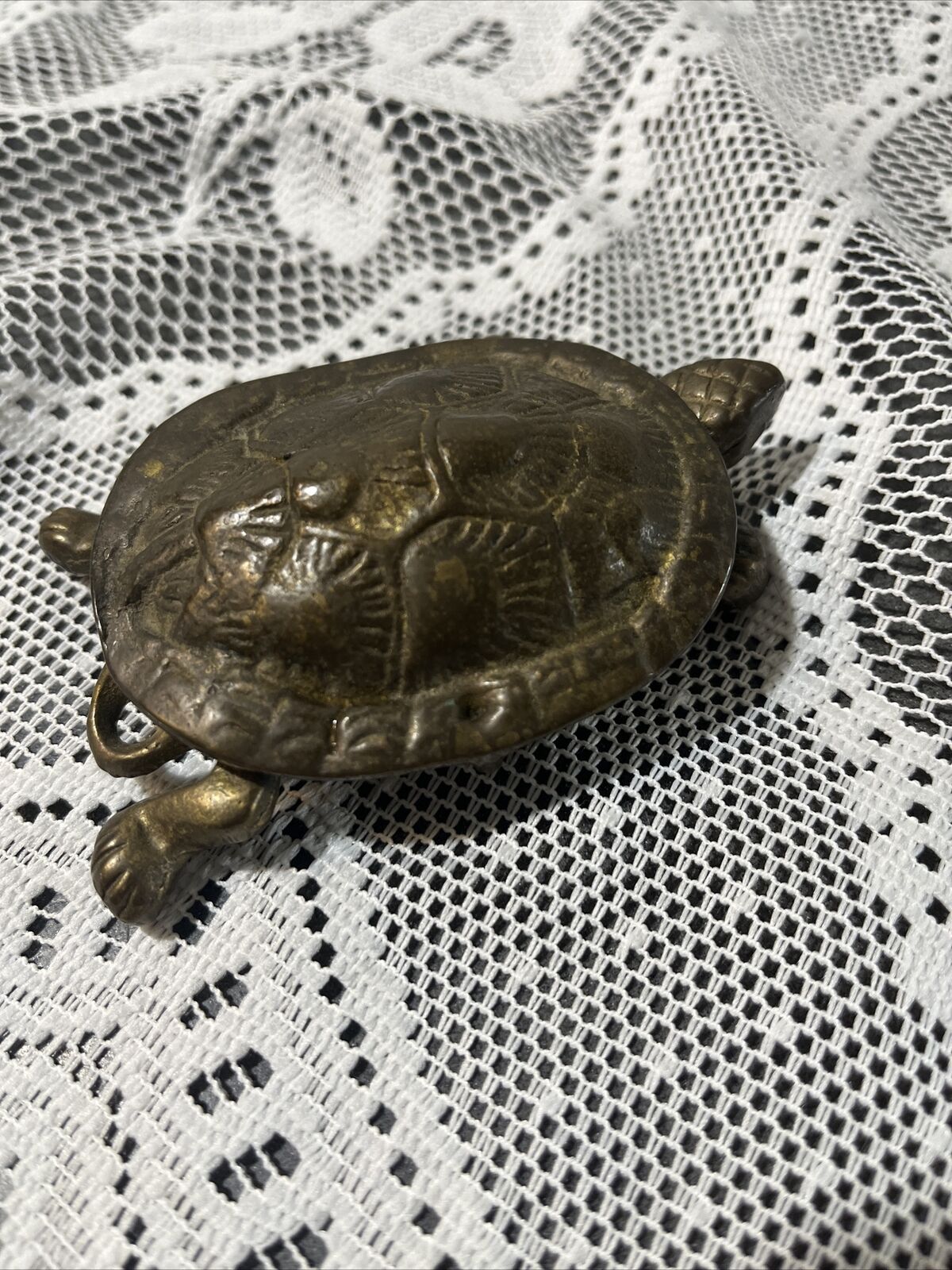 Vintage Brass Hinged Lid Turtle Ashtray Trinket Box Antique