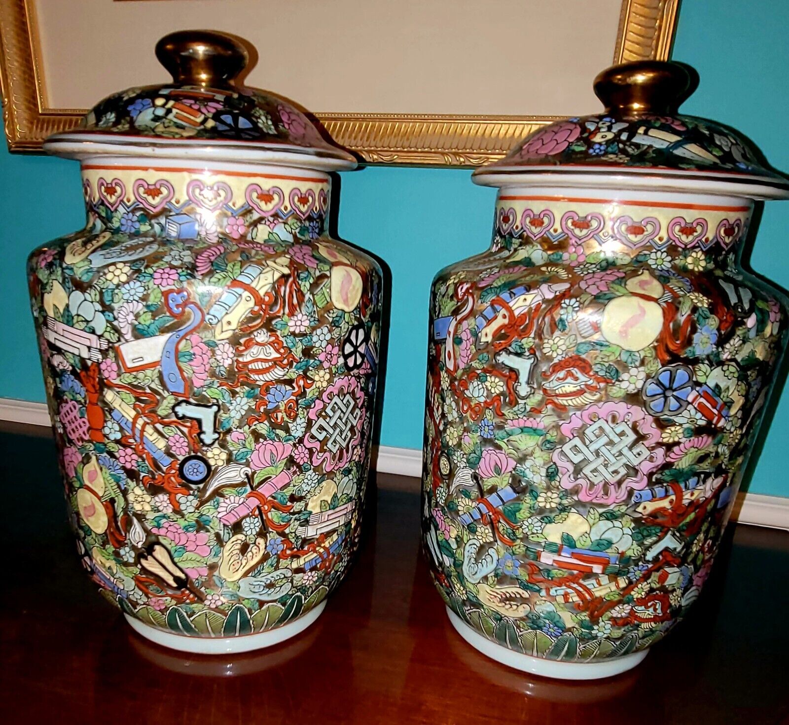 Vintage Rose Famille Lidded Temple Jar, Pair of, Hand-Painted