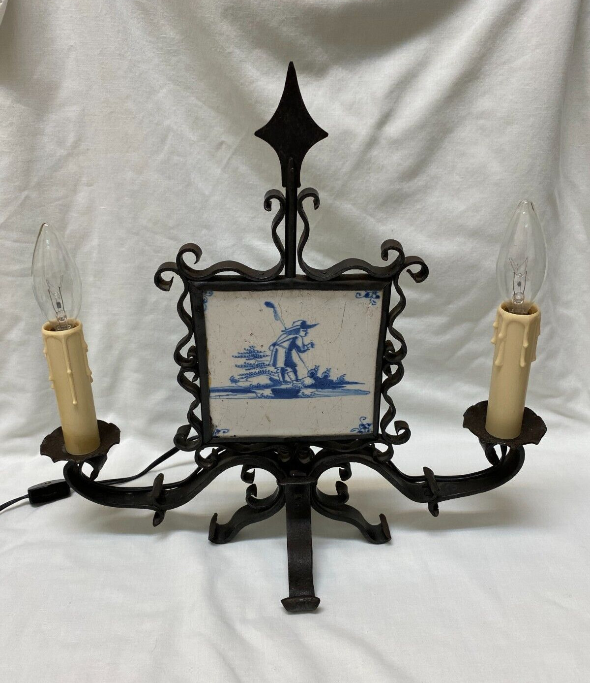 Gothic Iron and Delft Tile Lamp
