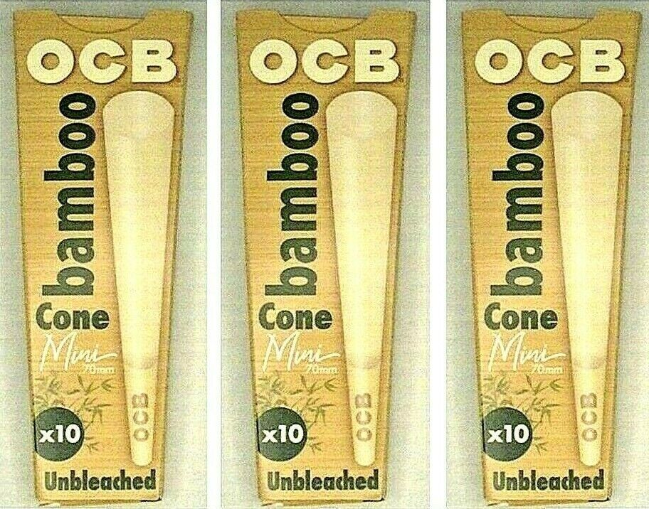 3x OCB Bamboo Cones Unbleached Mini Size 70mm Single Wide 3 Pks 30 Cones Total